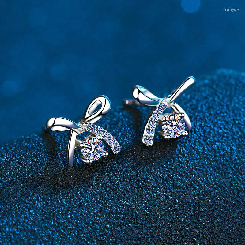 Boucles d'oreilles à tige en argent Sterling avec nœud 0.1ct 0.5ct Moissanite diamant 14K or blanc nœud papillon boucle d'oreille pour les femmes cadeau d'anniversaire