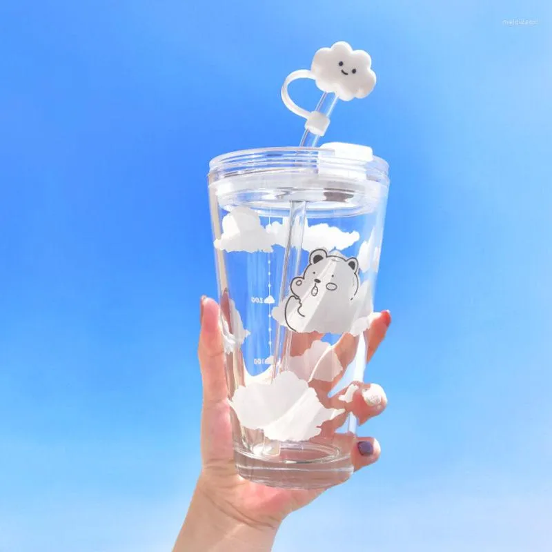 Wine Glasses Cloud Bear Glass Water Cup Student Female Ins Simple Straw And Cute Summer Korean Breakfast