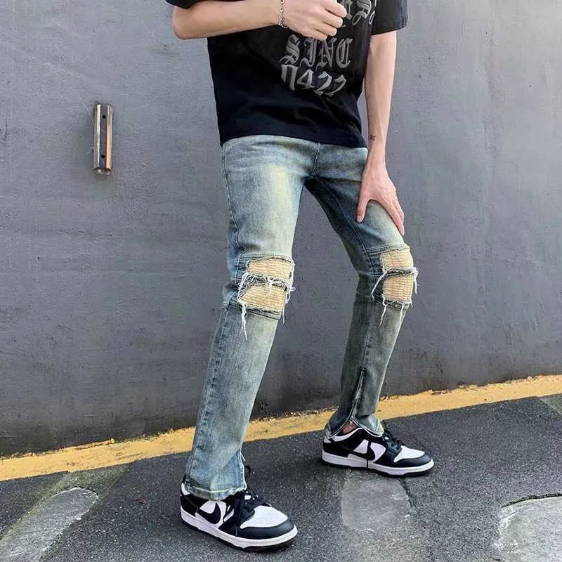 Jeans masculinos 2022 Novo moda de retalhos de retalhos de moda Hip Hop Men Slim Jeans calças Y2K Punk Goth Tornozelo Zipper Vintage Lápis Biker Denim Troushers Z0301