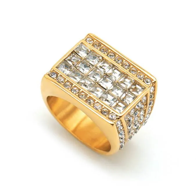 Anello da uomo ghiacciato Colore oro Acciaio inossidabile Cubic Zirconia Bling Grandi anelli quadrati per uomo Rapper Gioielli hip-hop Dropshipping