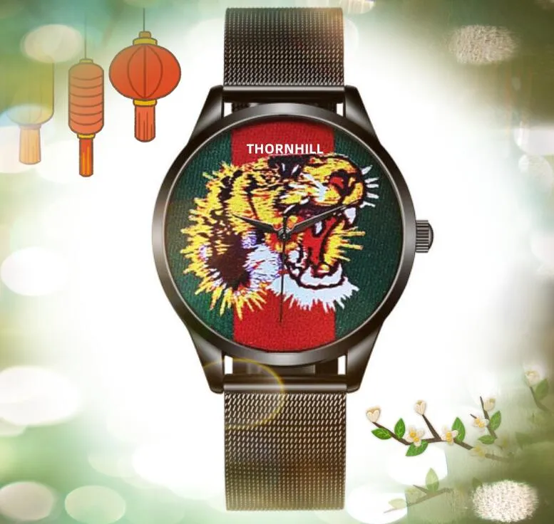 Premium bee tiger snake watches men diamonds ring nylon leather belt Japan Quartz movement Chronograph fashion auto date time Simple Luxury Popular clock watch gift