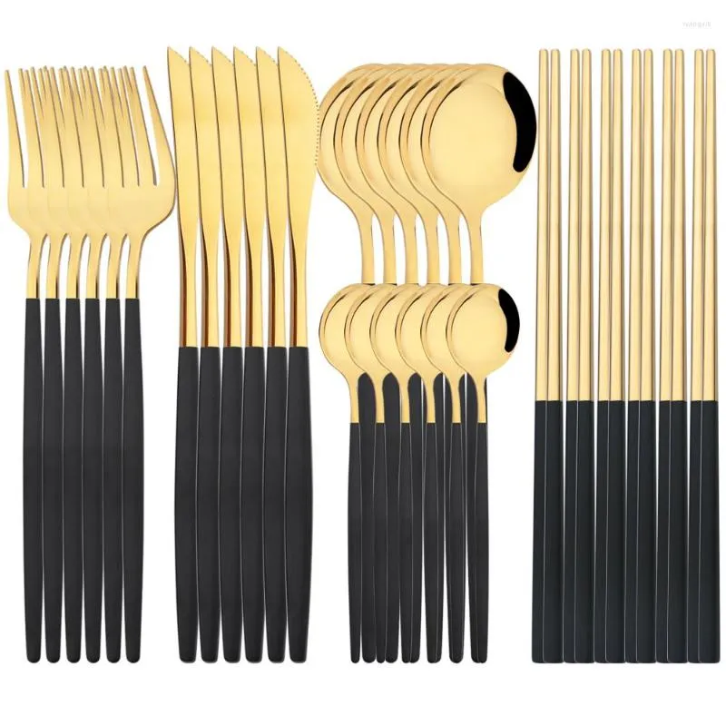 Dinnerware Sets Drmfiy Black Gold 30Pcs Knife Fork Spoon Cutlery Set Stainless Steel Chopsticks Silverware Kitchen Tableware