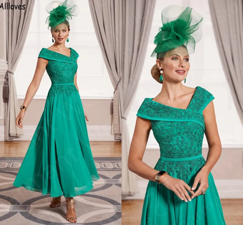 Elegant Hunter Green Mother of the Bride Dresses For Wedding Off the Shoulder Lace pärlor En linje Chiffon Formal Party Wear Women Tea Length Groom Mors klänningar CL1956