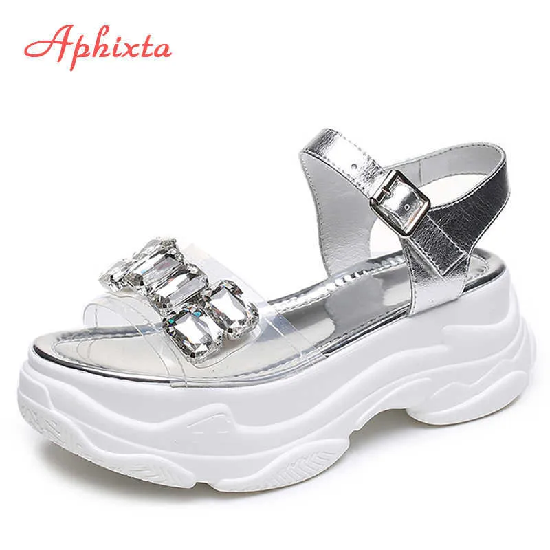 Sandali Aphixta Sandali con zeppa con plateau Sandali con strass trasparenti Sandali estivi con diamanti Scarpe da donna con fibbia in cristallo Sandalo Donna Z0306