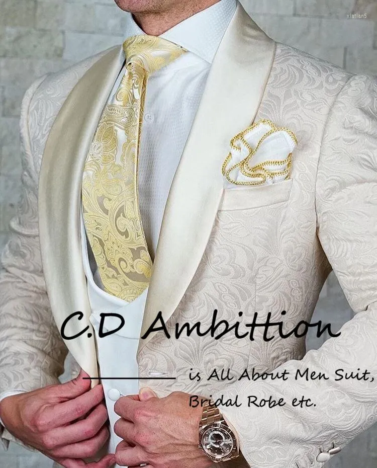 Men's Suits Champagne Jacquard Suit For Men Luxury Wedding 2023 Blazer Sets 3 Piece Groom's Tuxedo Prom Dress Satin Shawl Lapel Custom