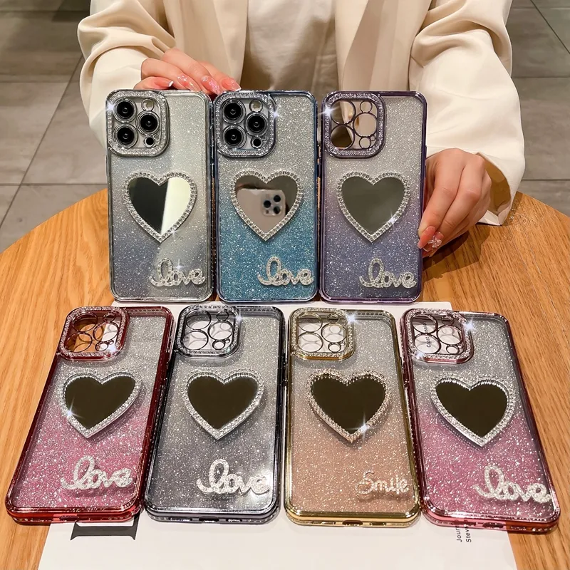 Spiegel LOVE Bling Diamond Case voor Iphone 15 14 Plus 13 12 11 Pro XR XS MAX X 8 7 Glimlach Zachte TPU Verchroomde Plating Cases Luxe Hart Make UP Gradiënt Glitter Telefoonhoesje