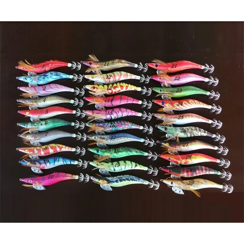 الطعوم السحر 15pcs مضيئة Squid Jig Wood Shrimp Bait 25 35 11g 21g Pesca Carp Fishing Tackle 230307