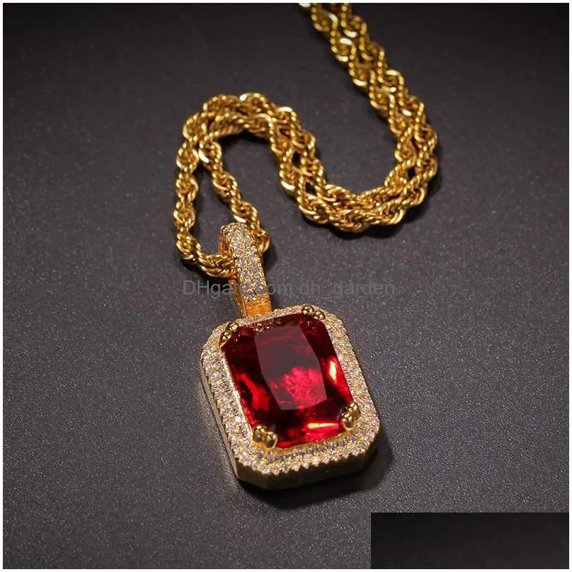 87r6 Pendant Necklaces Mens Hip Hop Necklace Jewelry New Fashion Gemstone Red Pink Ruby with M24inch Twist Chain Drop Delivery Pen Dhgarden D