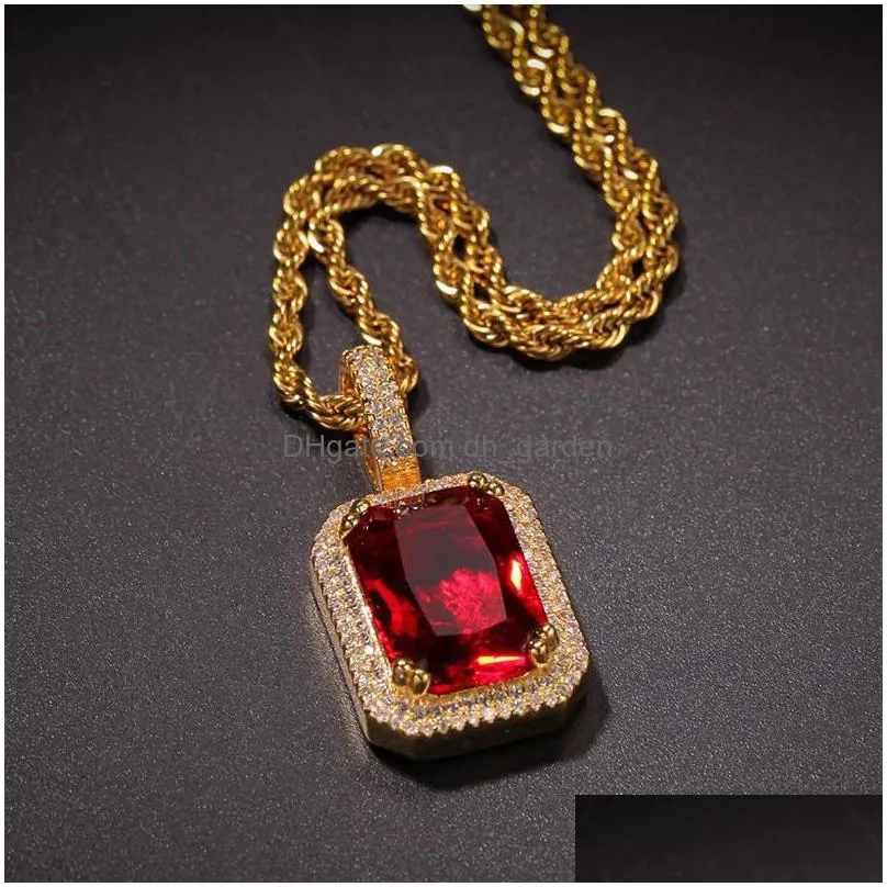 87r6 Hanger Kettingen Heren Hiphop Ketting Sieraden Nieuwe Mode Edelsteen Rood Roze Robijn met M24inch Twist Chain Drop Delivery Pen Dhgarden D