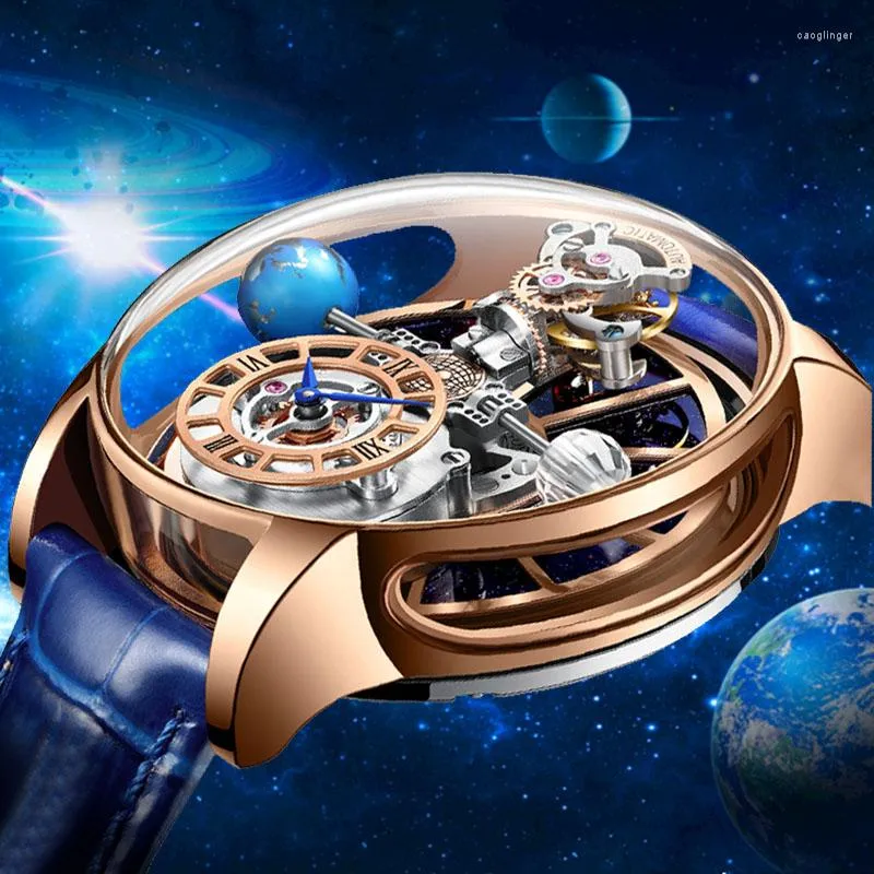 손목 시계 PINDU DESIGN Astronomia Celestial SeriesTourbillon 시계 남성 투명한 남자 시계 석영 손목 시계 Reloj Hombre