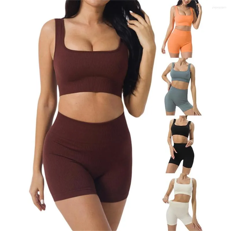 Conjuntos ativos conjuntos de roupas de ioga mulheres secagem rápida fitness de fitness apertado roupas de cintura alta com nervuras de tiro de curta