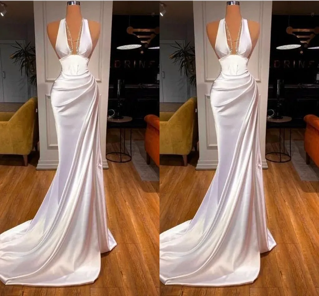 Sexy Plus La Taille Sirène Robes De Soirée Longues Pour Les Femmes Col En V Profond Perlé Drapé Plis Satin Anniversaire Occasion Spéciale Pageant Fête Robes De Bal Sur Mesure