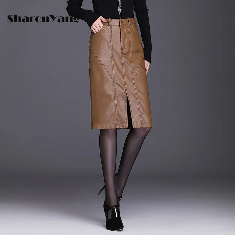 Skirts Leather Skirt Women Spring and Autumn Straight Skirt Solid Color Front Split PU Leather Knee Length Skirt Ladies Woman Skirts 230308