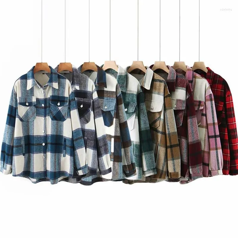 Kvinnors blusar Spring Vintage Plaid Blue Women Long Shirt Elegant tjocka gröna streetwear koreanska kläder för topp 2023