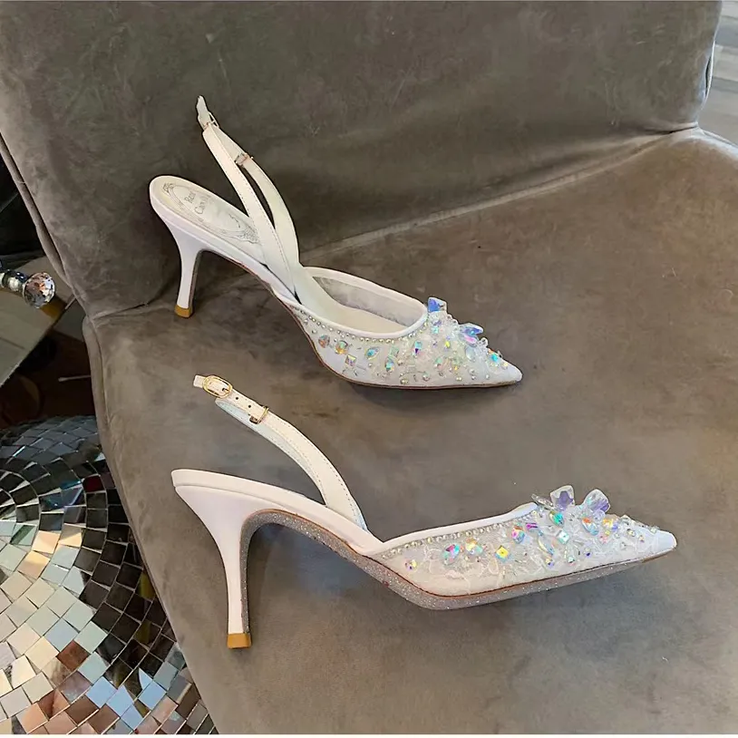 Rene Caovilla slingbacks 드레스 신발 하이힐 크리스탈 메쉬 레이스 샌들 디자이너 패션 여성 지적 발가락 결혼식 신발 7.5cm 후면 무효 캐주얼 공장 신발