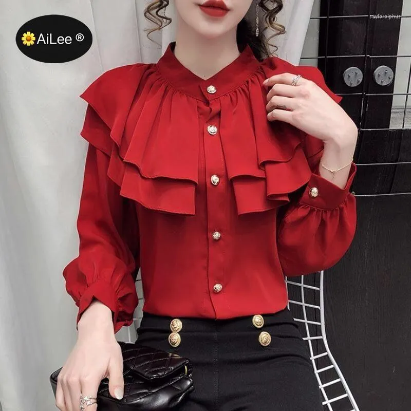 Blouses feminina Vinho Vermelho Tierred Ruffle Dobra Blusa Elegante Mulheres Office Office Of Work Business Camisas de Manga Longa Pescoço Vintage Chic Vintage