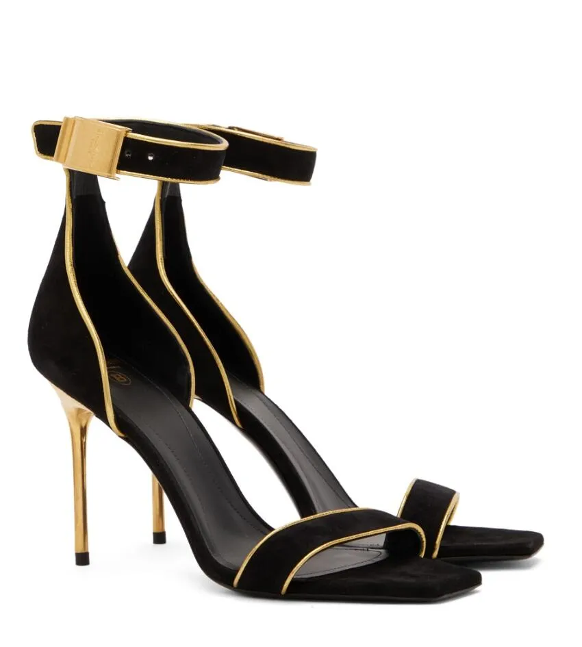 Najlepsze projekty kobiety Uma Sandals Buty Calfskin skórzany pasek kostki-Engraved High Heels Gold-tone sprzętowy sprzęt letni sandalias ślub EU35-43