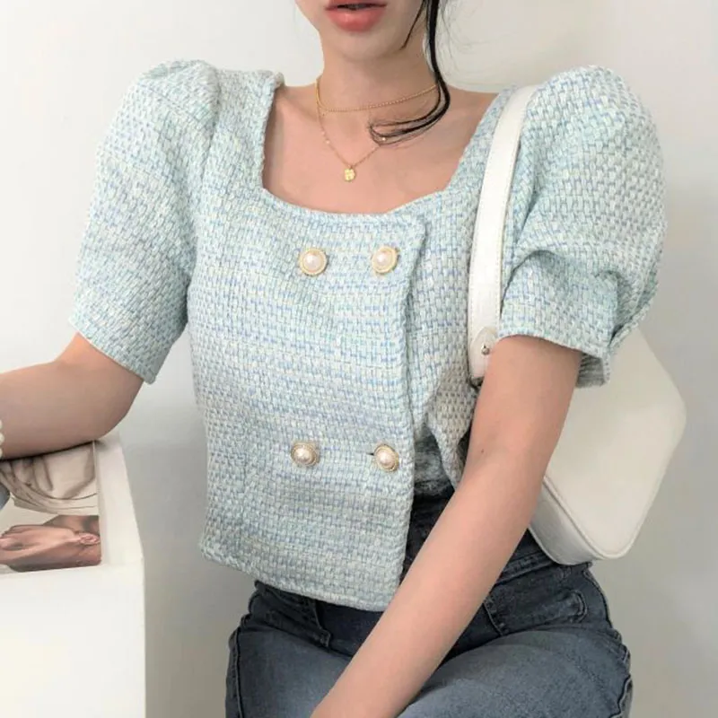 Women's Jackets Korean Style Chic Square Neck Puff Sleeve Tweed Coat Women Summer 2023 Loose Casual Elegant Vintage TopsWomen's