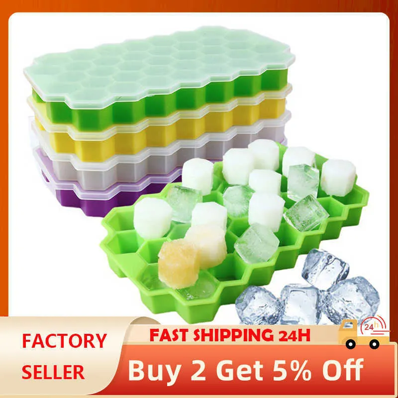 Glassverktyg 37 Grid Honeycomb Silicone Ice Cube Mold Largecapacity Ice Tray Mold återanvändbar matkvalitet Ice Maker med lock Popsicle Mold Z0308