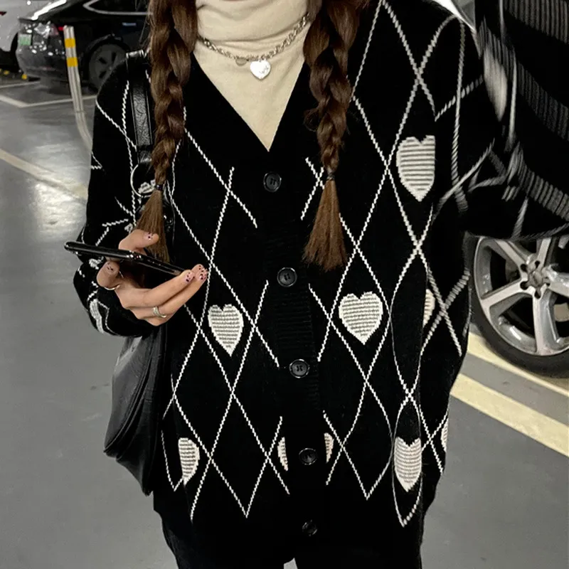 Women's Knits Tees Fall Oversized Cardigan Women Fashion V Neck Black Sweater Heart Jacquard Loose Single Breasted Winter Clothes Office Lady 230308
