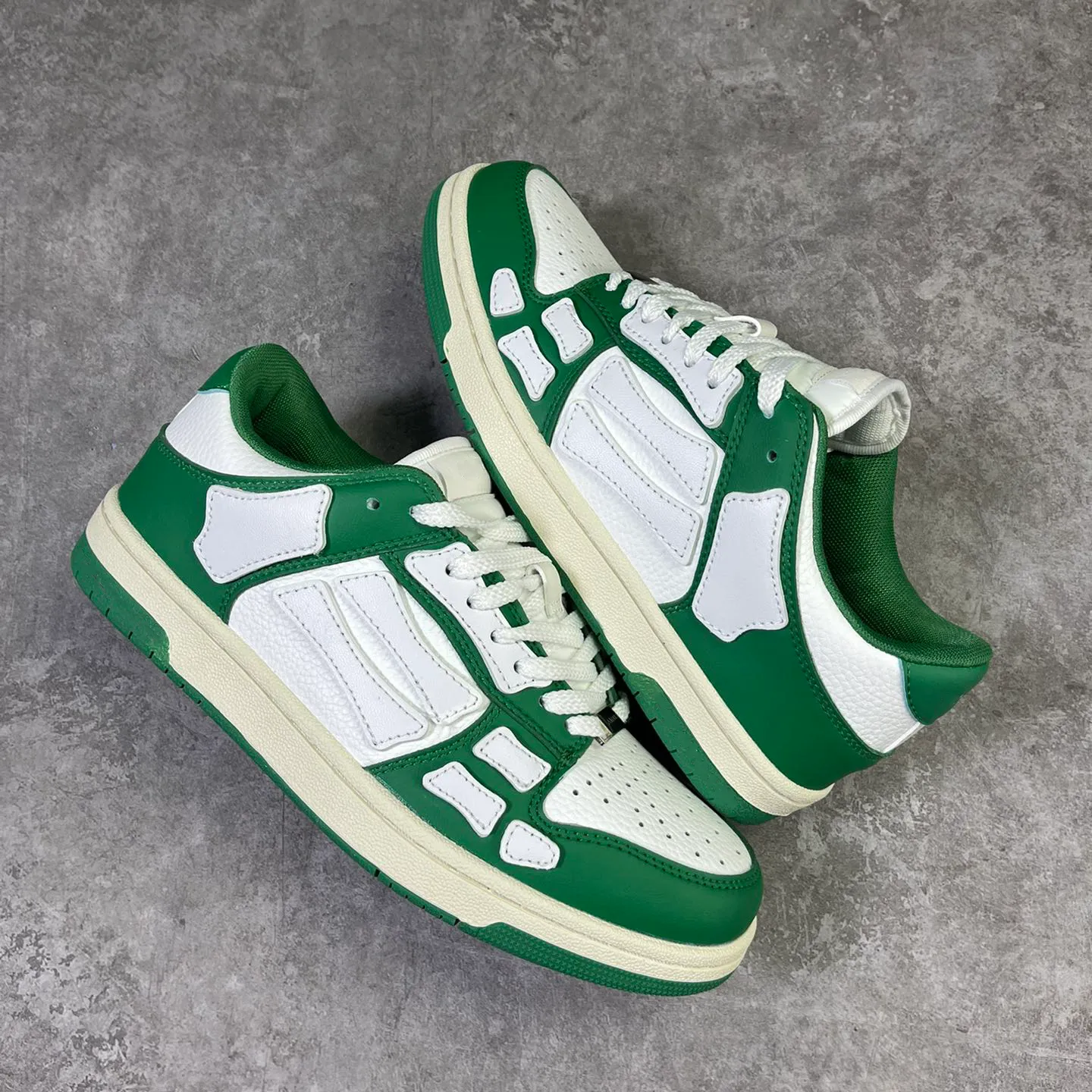 Unisex Low Top Designer Sneakers Skel Series In White, Orange, Green, And Light Grey With Black