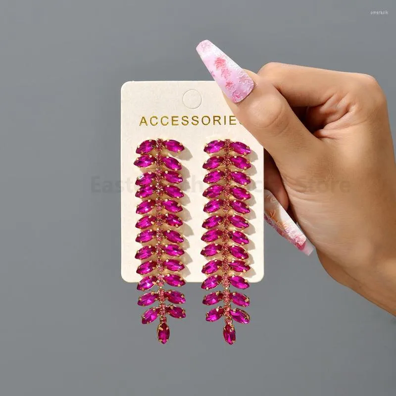 Dange oorbellen luxe ontwerp roze rode bladeren veelkleurig kristal lang hangend voor vrouwen elegante mode statement hangerse sieraden