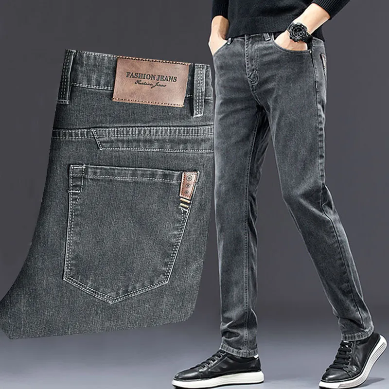 Men's Jeans men's slim jeans autumn men's casual straight fall stretch denim trousers Fashion Slim Grey Men's Jeans 230308