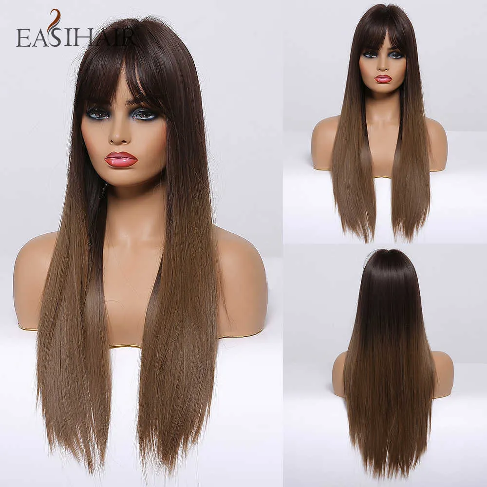 Synthetic Wigs Easihair Women Long Straight Black to Brown Ombre Wigs with Bangs Synthetic Natural Hair Daily Cosplay Heat Resiatant 230227