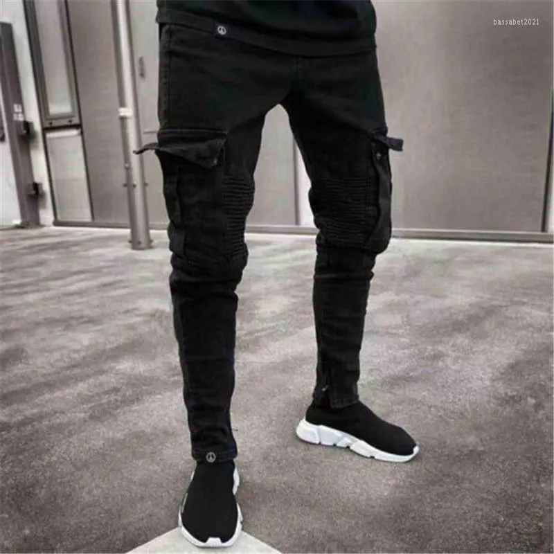 Calças masculinas Moda Menina Men Destruída Rispada Cargo Pleated Masculino Multi-Pocket Skinny Fit Black Combat Denim Lápis