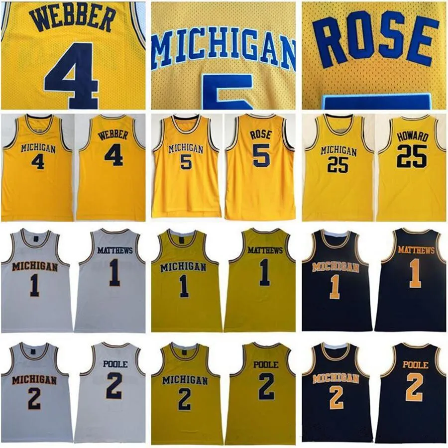 Michigan Wolverines Maglie da basket 2 Jorda Poole 5 Jalen Rose Jersey 4 Chris Webber 25 Juwan Howard 1 Charles Matthews College Giallo Uomo Maglie bianche Abbigliamento