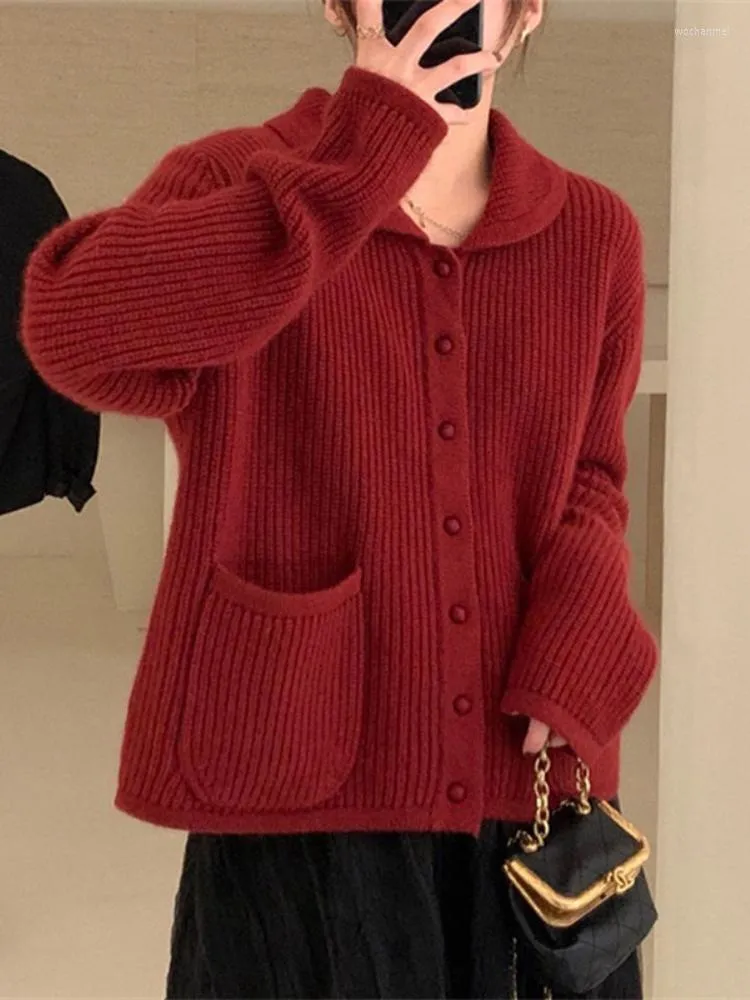 Women's Knits Korean Style Lapel Knitted Sweaters Women Lazy Loose Cardigan Fashion Long Sleeves Solid Winter Thicken Warm Top Ropa Mujer