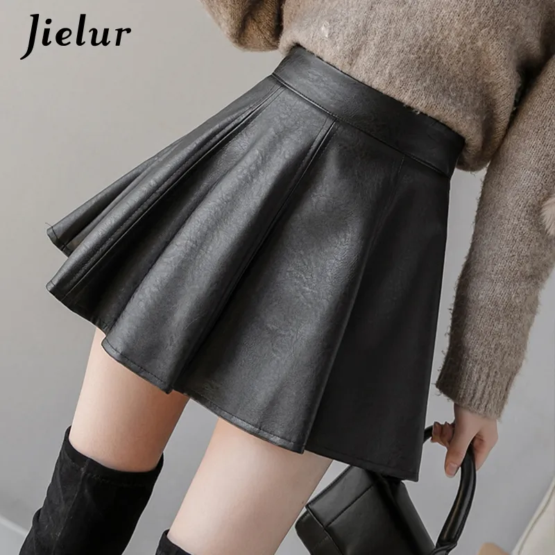 Skirts Jielur PU Pleated Skirt Autumn Women Solid Color Leather Winter Skirts Womens Slim High Waist Saia Faldas Chic Zipper Mini Skirt 230308