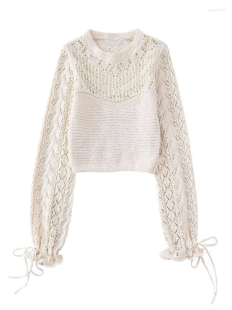 Swery dla kobiet 2023 Vintage Pointelle Knitted Sweter SWEATER DŁEGO rękawów Drzasny okrągły skocz