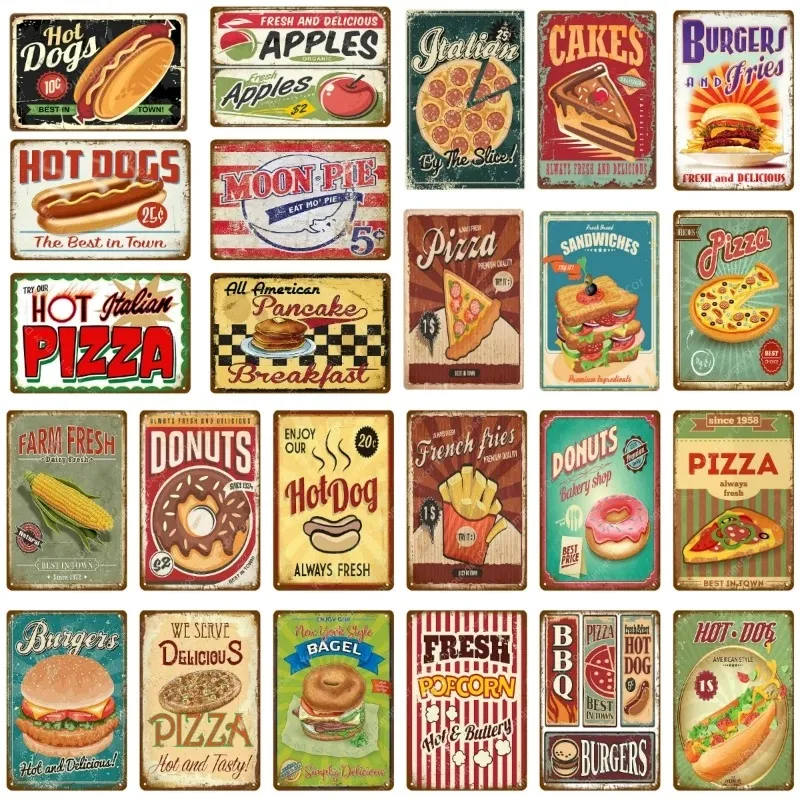 Retro Pizza Art Art Tin Planque Hot Dogs Burgers Metal Знаки барные стены украшения стены олова винтажные металлические знаки домашний декор покраска таблички плакаты.