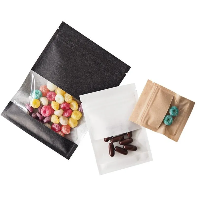 Kleine zwart/bruin/wit kraftpapier Zelfafdichtingszak met raam Food Earring Sieraden Verpakkingen Pouches Groothandel LX3683