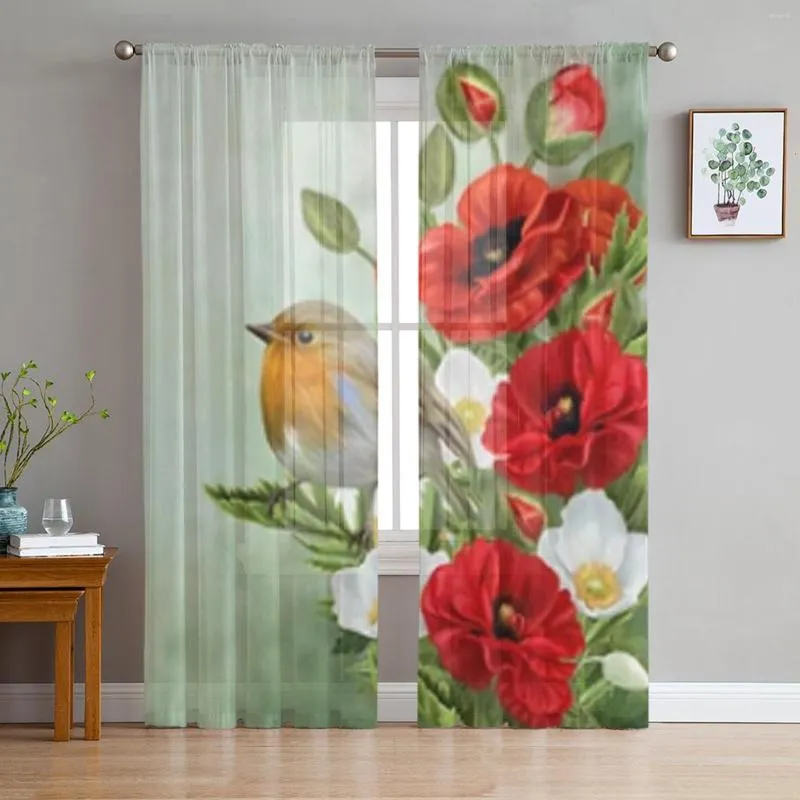 Vorhang, gelber Vogel auf roten Mohnblumen, Tüll-Fenster für Wohnzimmer, Schlafzimmer, transparente Voile-Vorhänge, Küchenbehandlungen, Vorhänge