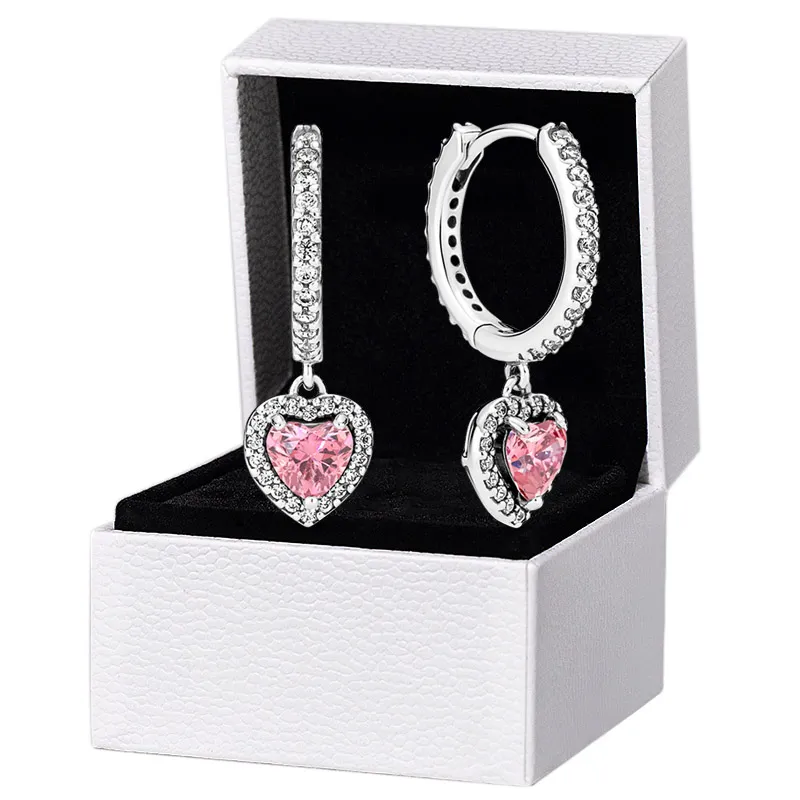 Sparkling Halo Heart Hoop Boucles d'oreilles pour Pandora 925 Bijoux de mariage en argent sterling pour femme Girlfriend Gift Pink CZ Diamond designer Boucle d'oreille avec boîte d'origine