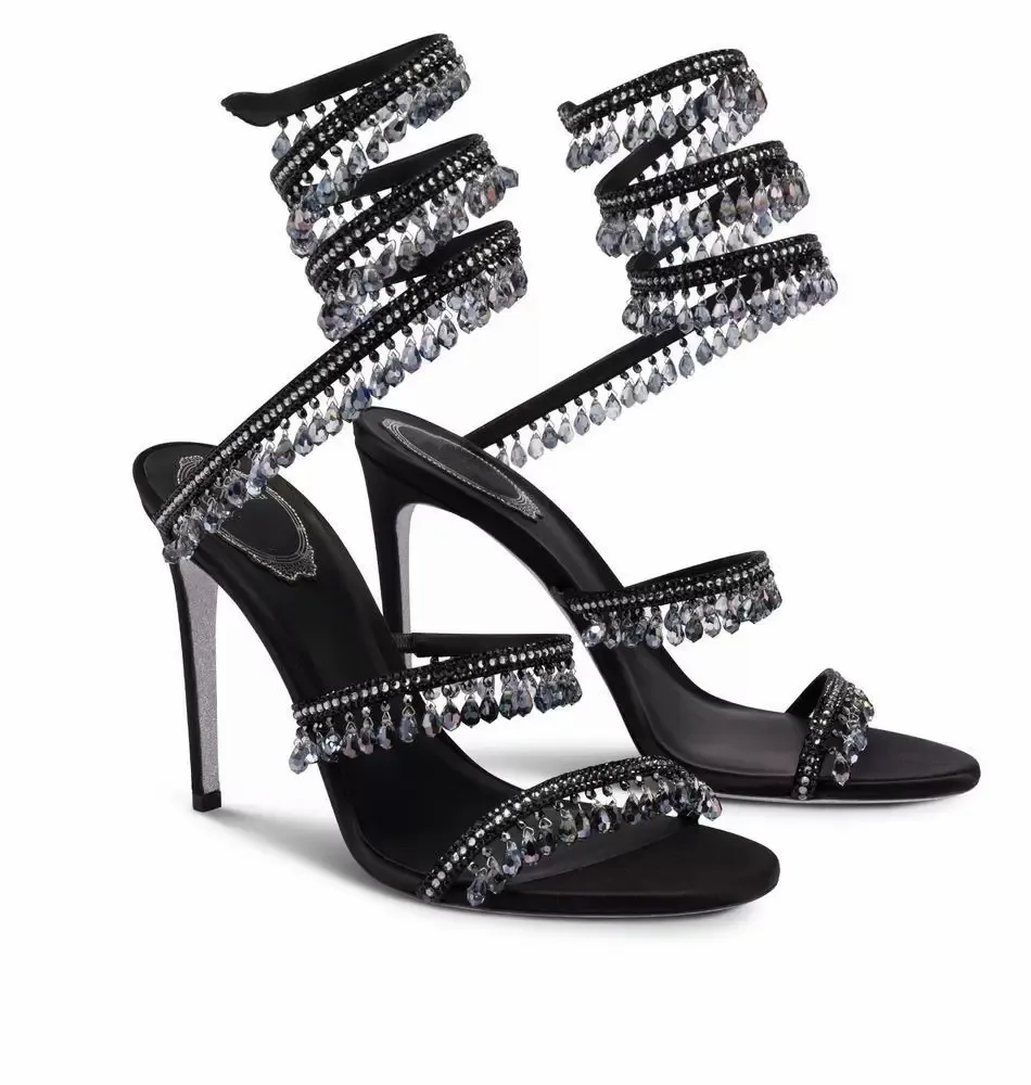 Elegant Black Leather Chandelier Embellished High Heel Sandals For
