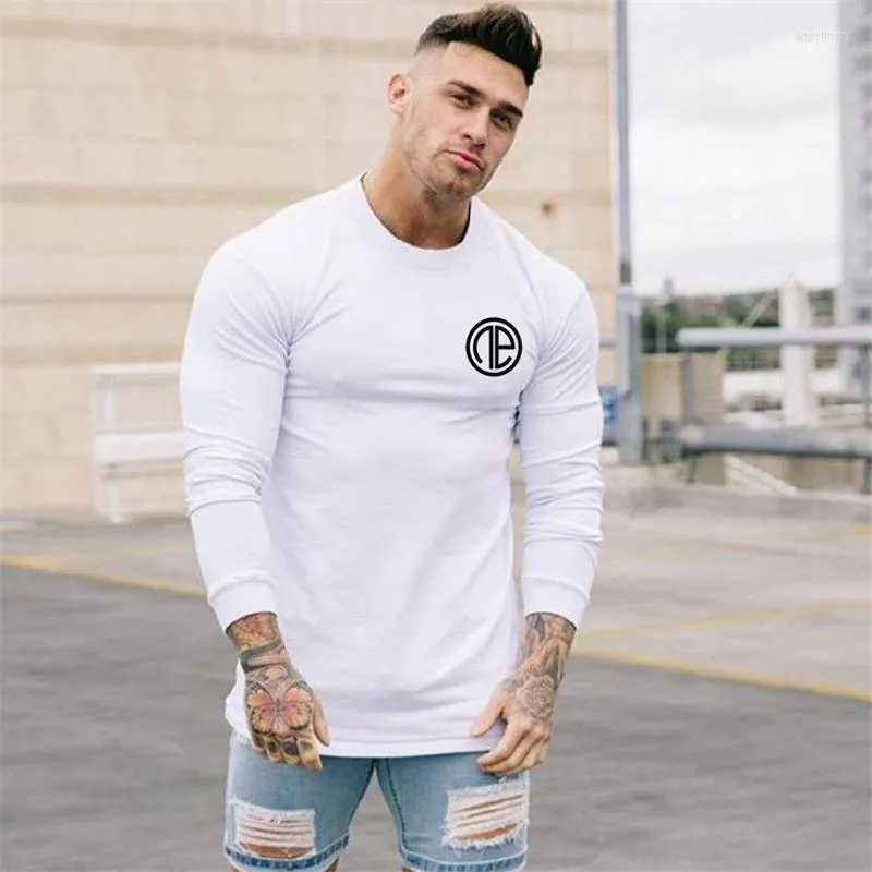 T-shirt da uomo Autunno Moda T-shirt da ricamo ad alta elasticità Camicia da uomo a maniche lunghe Fitness Palestre solide Bodybuilding Brand