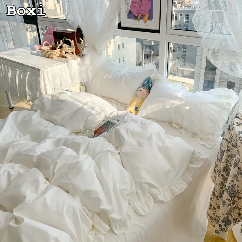 Qfdian  Japan Style Solid Color Bedding Set Cute Girl Ruffle Lace Pink Bed Skirt Kids Duvet Cover With Pillow Case Bed Sheet For Women main image 0