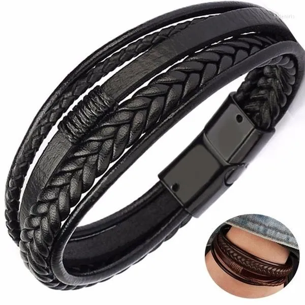 Bracelets de charme Uma pulseira de couro marrom masculino de fivela masculina Tecido com uma camada multi-camada presente de jóias