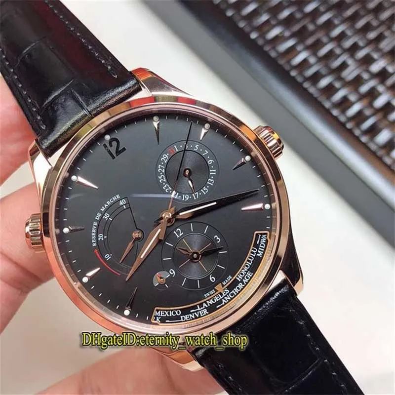 Designer Watches version MASTER GEOGRAPHIC Q1422421 Top-level Black Multi-function Dial Cal 939A Automatic Rose Gold Case Mens Watch Leather Strap 302q