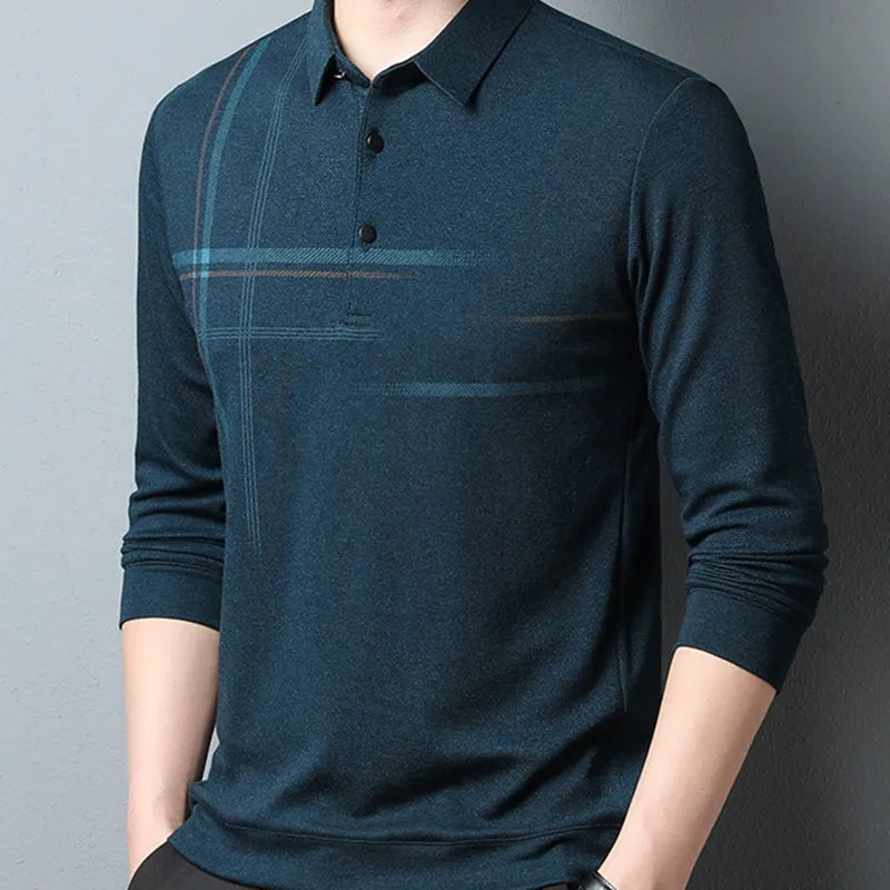 남성용 폴로 스프링 긴 소매 폴로 셔츠 남자 라펠 스웨터 모방 양모 인쇄 티셔츠 비즈니스 레저 스트라이프 인쇄 풀오버 230308