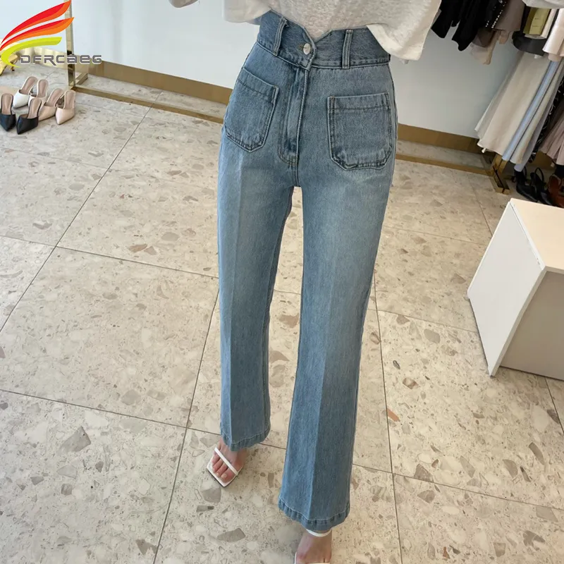 Jeans femininos Jeans de cintura alta de outono para mulheres bolsos duplos de moda coreana calça jeans casual jeans lavados jeans de flare 230308