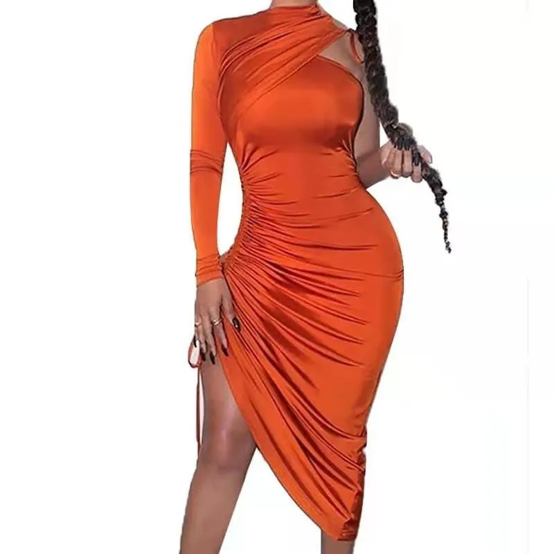 Casual Dresses Women Batwing Sleeve Tied Front Midi Dress Round Neck Irregular Pure Orange For Ladies