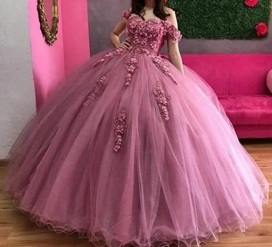 Quinceanera Dressesエレガントなプリンセス恋人のアップリケ花ボールガウンチュールプラスサイズ甘い16デビュータンテパーティーVestidos de 15 Anos 27