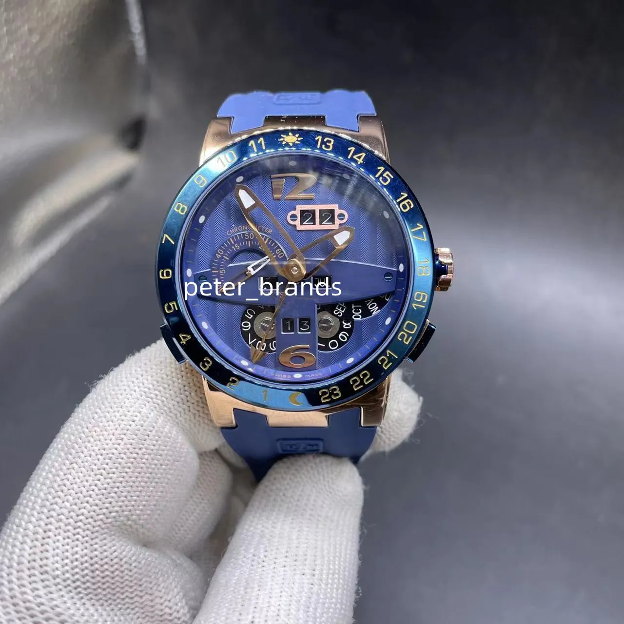 고품질 남성 시계 로즈 골드 케이스 44mm 블루 다이얼 블루 고무 자동 운동 남성 손목 시계