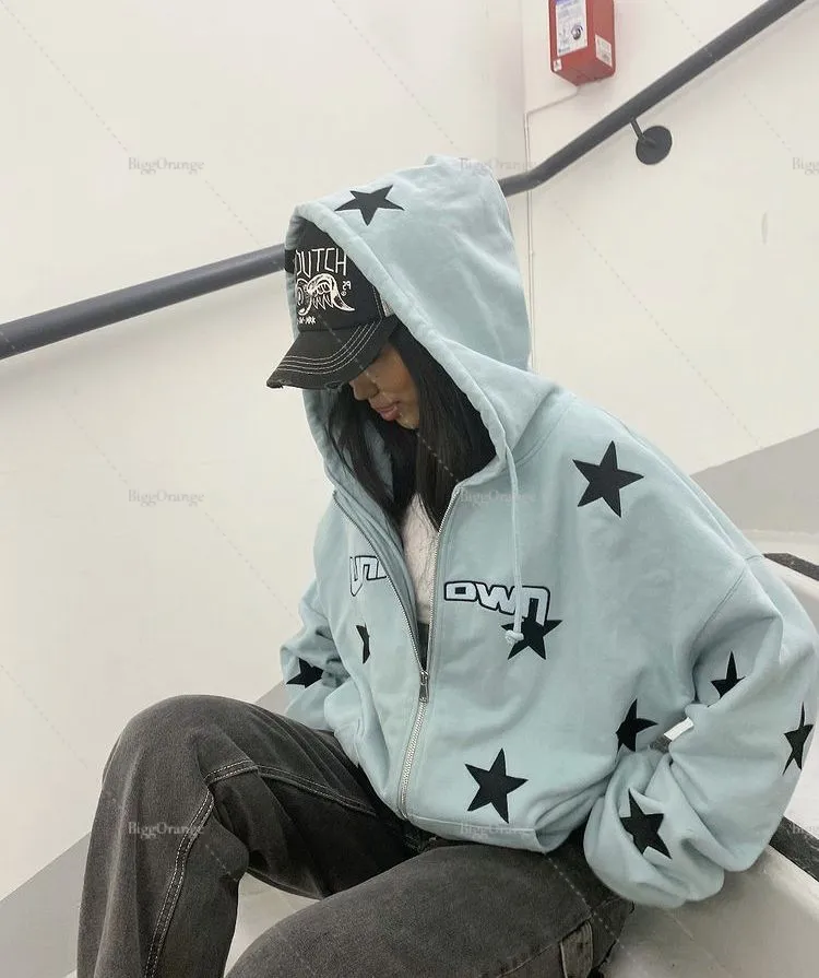 Sweats à capuche pour hommes Sweatshirts Vintage Sweat Dames Casual Star Print Design Zip Hoodie Hip Hop Lâche Harajuku Punk Gothique Style Y2k Top Femme 230308