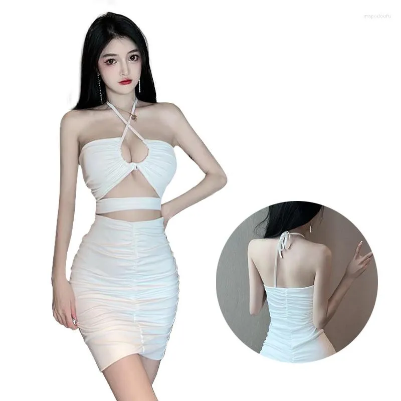 Casual Dresses Woman Sexy Hollow Out Backless Mini Dress Korean Waist Strapless Skirt Club Neck Hanging Strap Fashion Hip Warp Girl Clothes