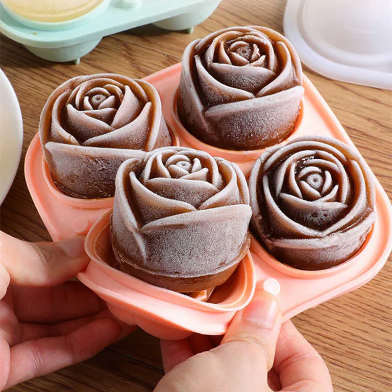 Ferramentas de sorvete Moldes de silicone para cubo de gelo com tampa 4 orifícios Rosa formato de flor reutilizável Cubo de cuba de cozinha Acessórios para fabricantes de sorvete Z0308